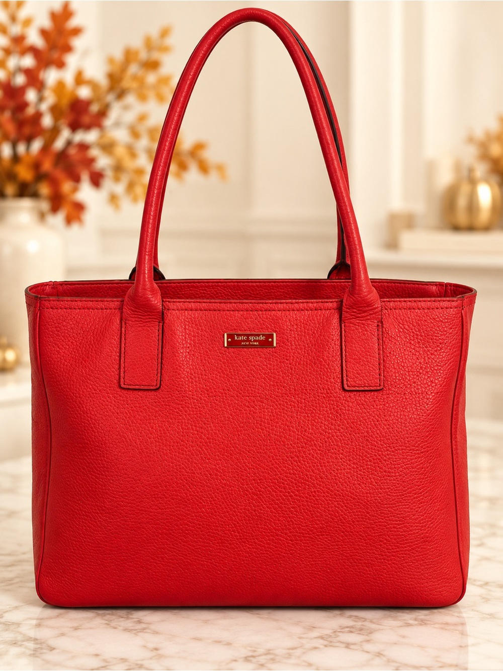 Kate Spade Red Pebbled Leather Zip Top Tote Shoulder Bag Large Work Purse